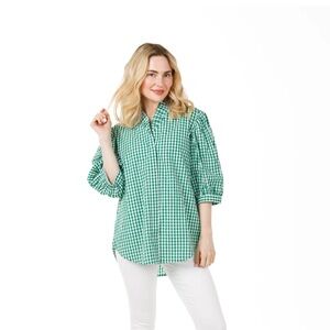 Green Gingham Button-Down Shirt with Puff Sleeves - Women's Top ruffled neck